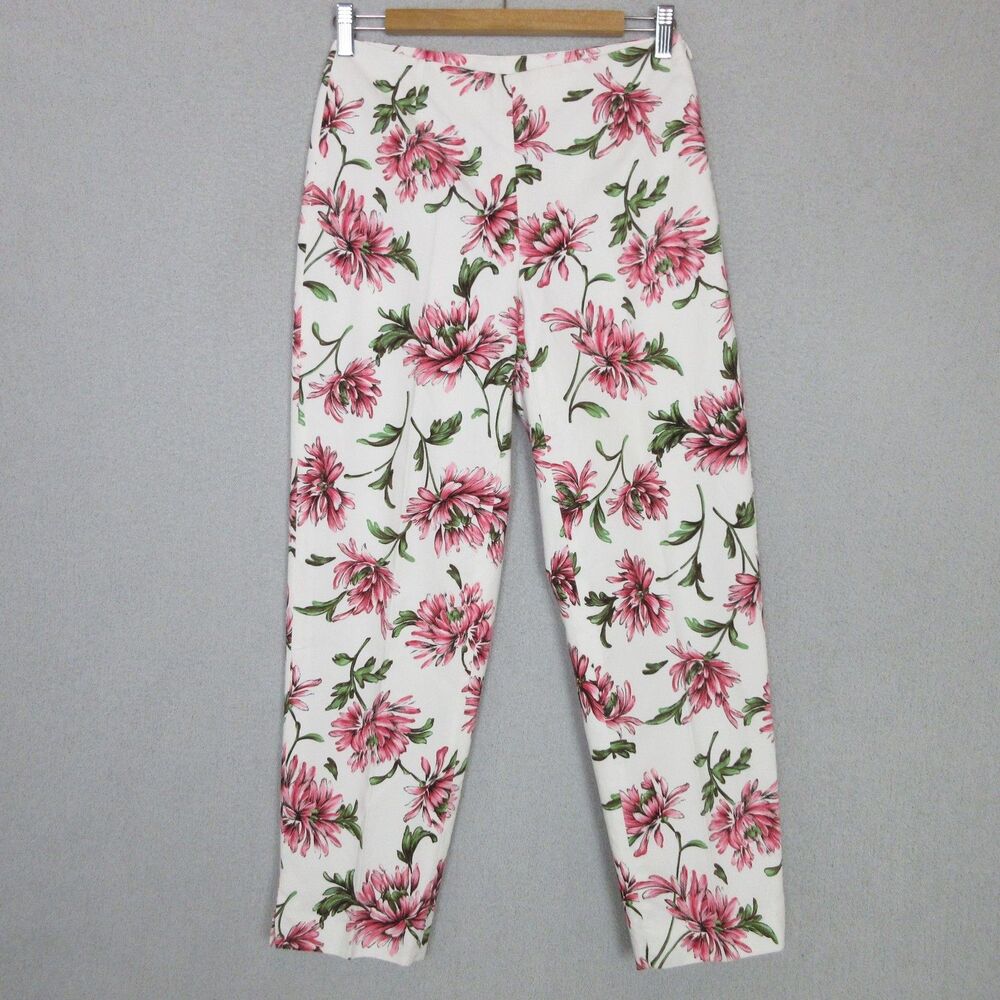 Liz Claiborne Pants Womens 4 White Pink Floral Lined Side Zip Ankle Slim Stretch
